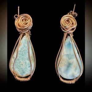Gorgeous 10K Rose Gold Filled Wire and Natural Larimar Earrings